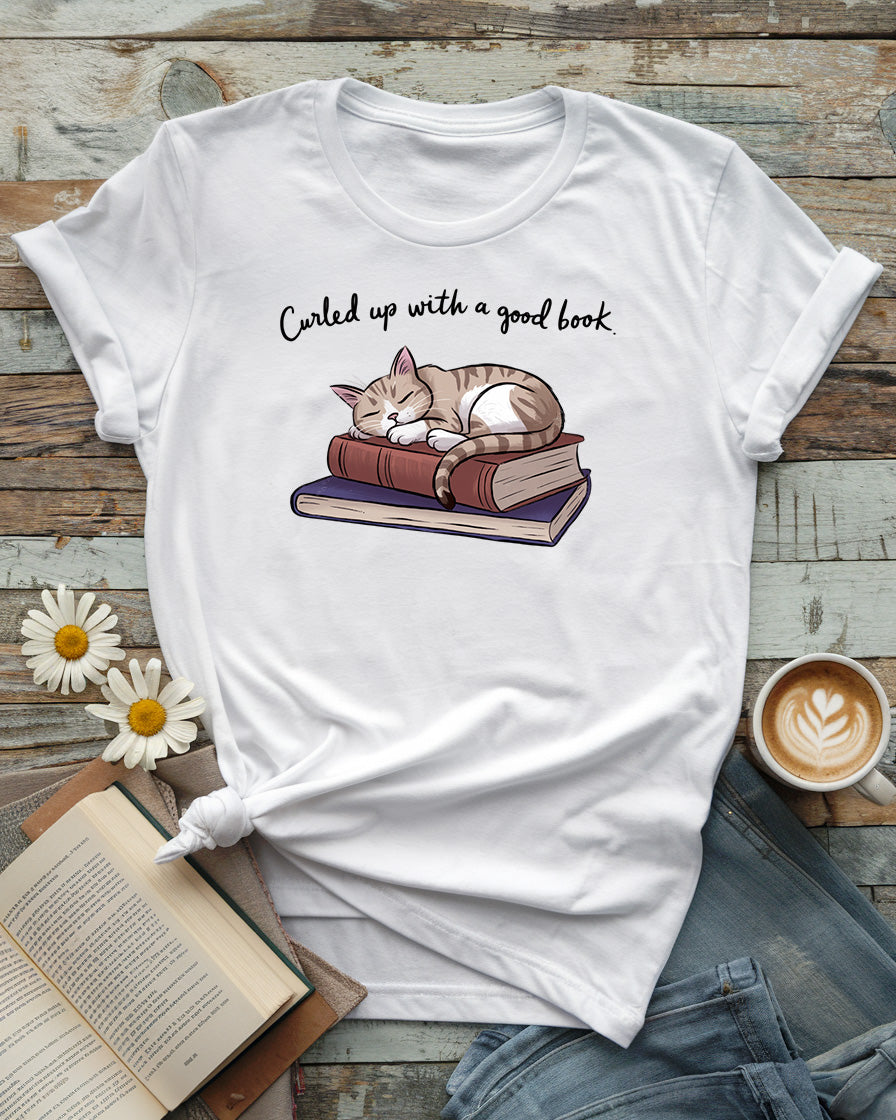 Curled Up with a Good Book - Cozy Cat Lover Tee