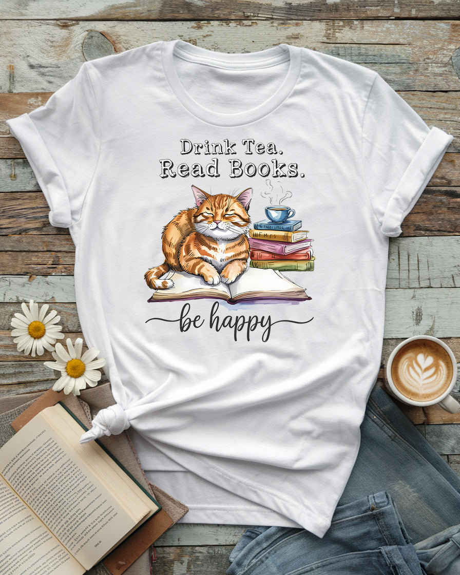 Drink Tea, Read Books Tee, Cozy Cat Lover Design
