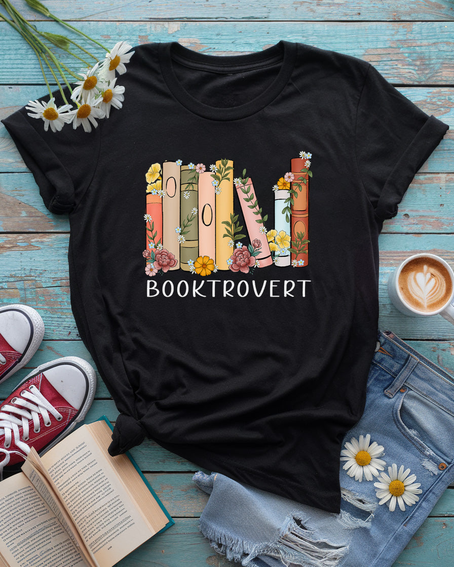 Booktrovert Tee, Floral Bookshelf Design