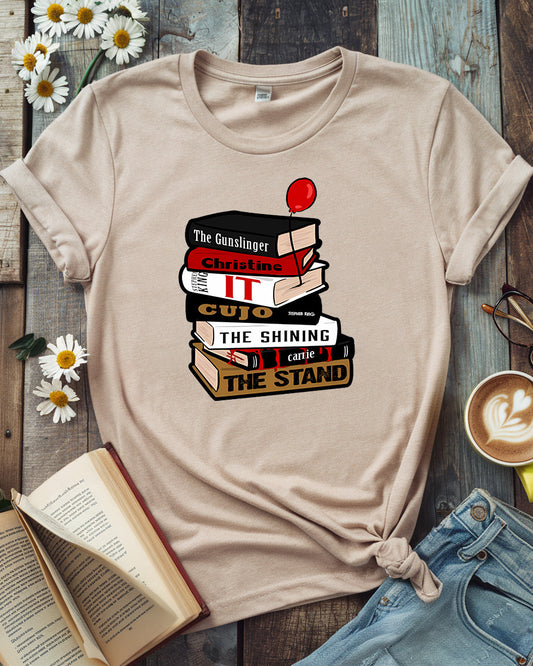 Stephen King Book Stack Tee, Iconic Horror Novels
