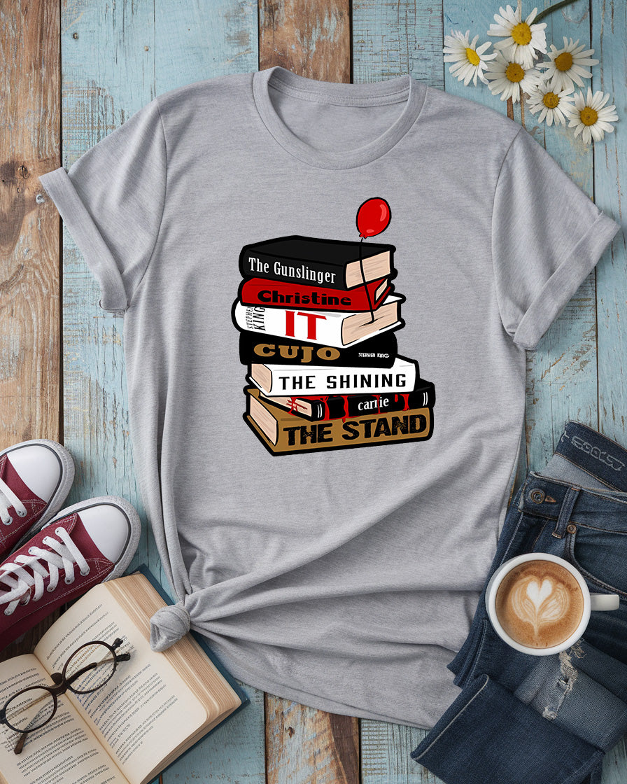 Stephen King Book Stack Tee, Iconic Horror Novels