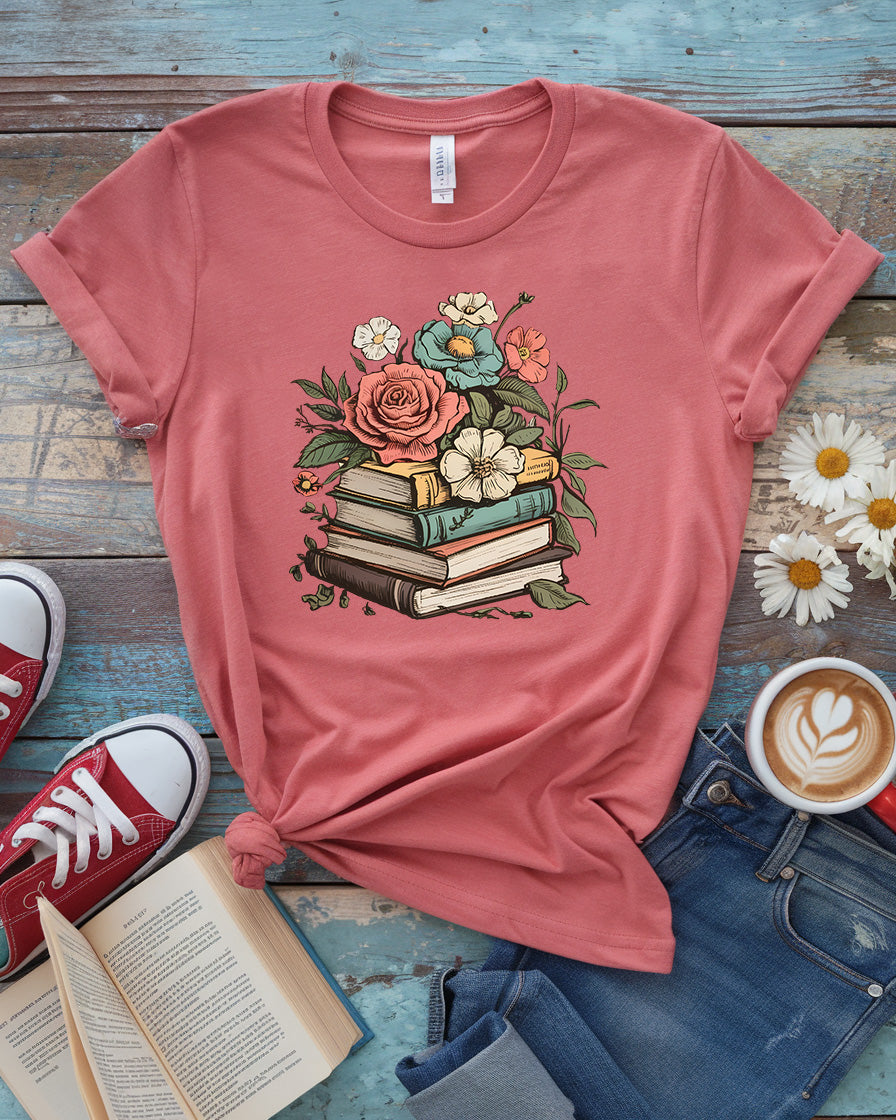 Blooming Books Tee, Floral Book Stack