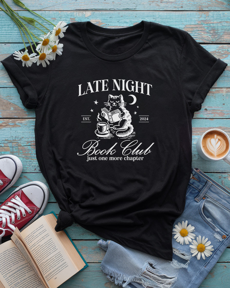 Late Night Book Club Tee, Cozy Cat Reading