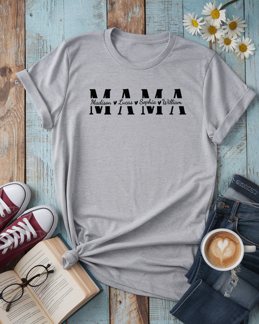 Custom Mama T-Shirt with Kids’ Names, Personalized Mother’s Day Gift