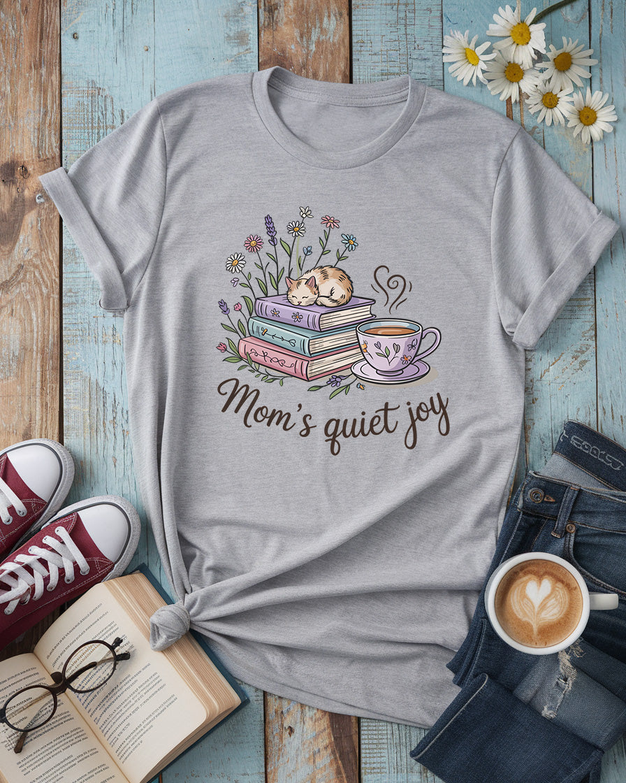 Mom’s Quiet Joy Tee, Cat, Books & Tea Floral