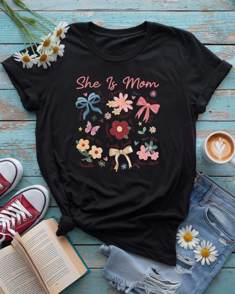 She Is Mom Christian Floral Scripture Tee