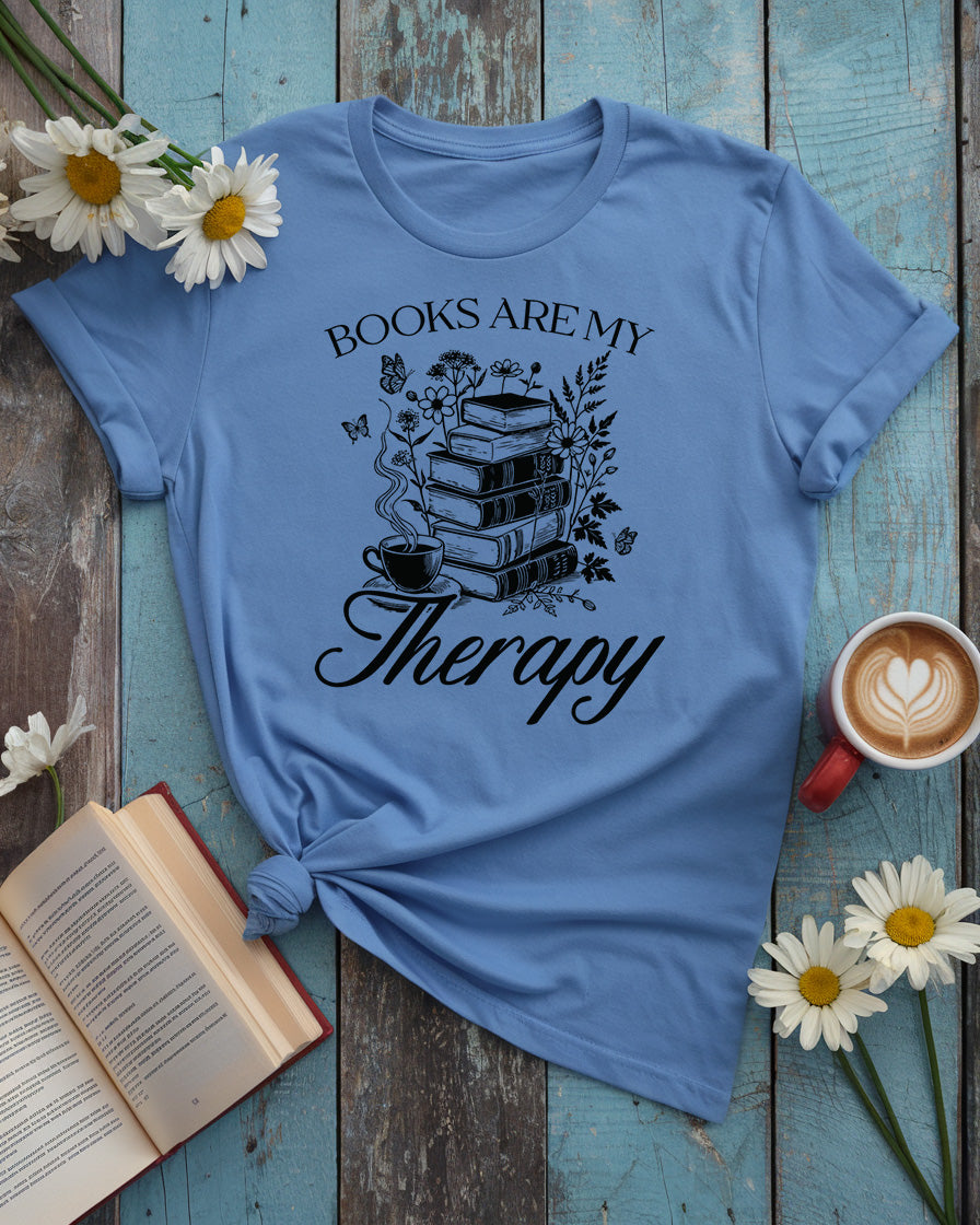 Books Are My Therapy Tee, Floral Book Stack Cozy Reading