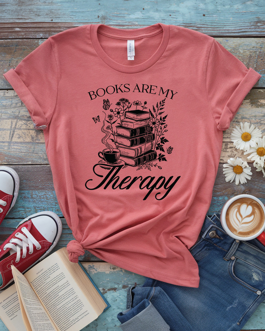 Books Are My Therapy Tee, Floral Book Stack Cozy Reading