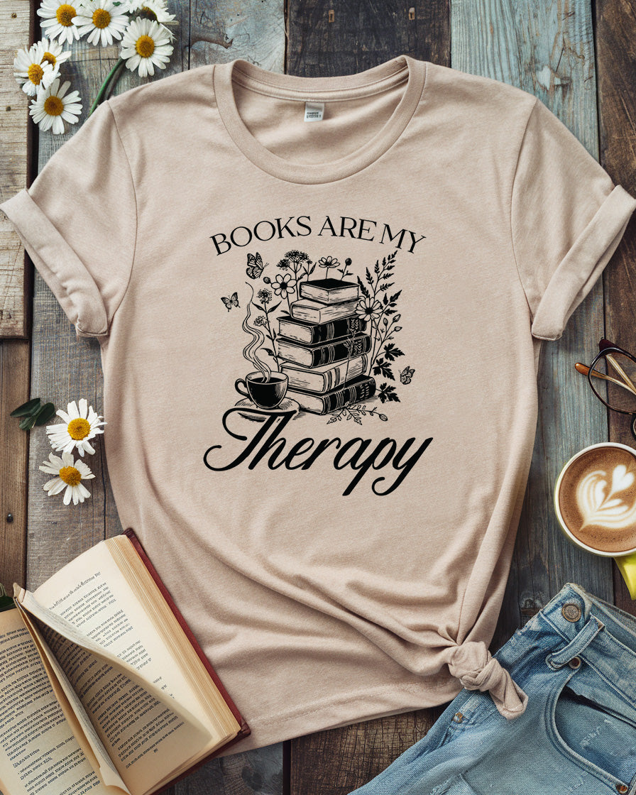 Books Are My Therapy Tee, Floral Book Stack Cozy Reading