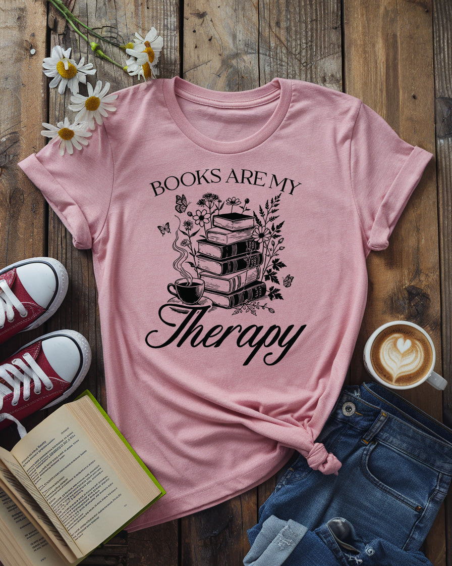 Books Are My Therapy Tee, Floral Book Stack Cozy Reading