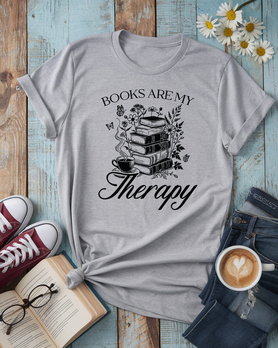 Books Are My Therapy Tee, Floral Book Stack Cozy Reading