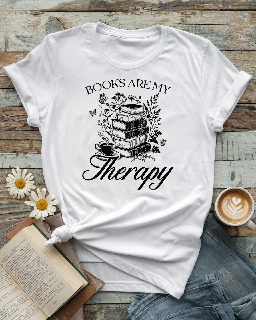 Books Are My Therapy Tee, Floral Book Stack Cozy Reading