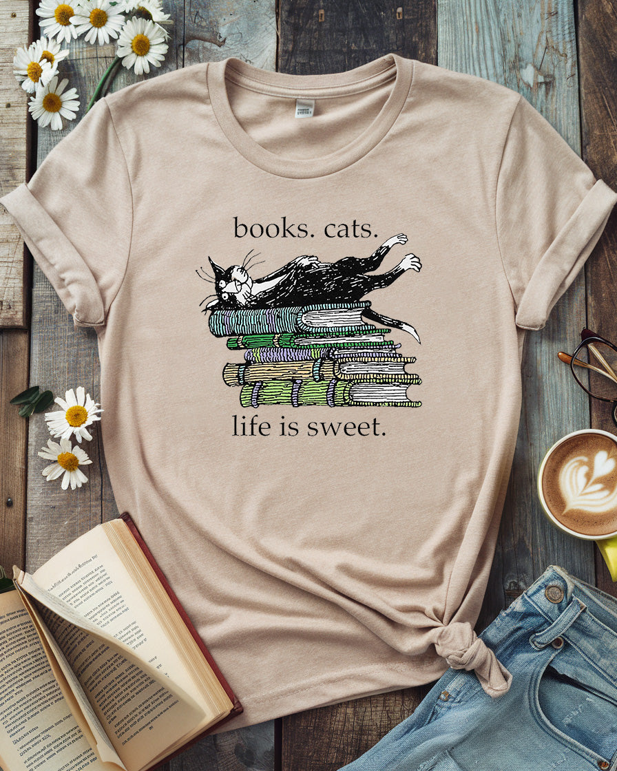 Books Cats Life Is Sweet Tee