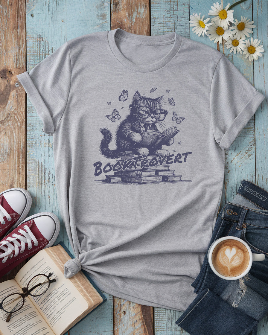 Booktrovert, Cute Cat Book Lover Tee
