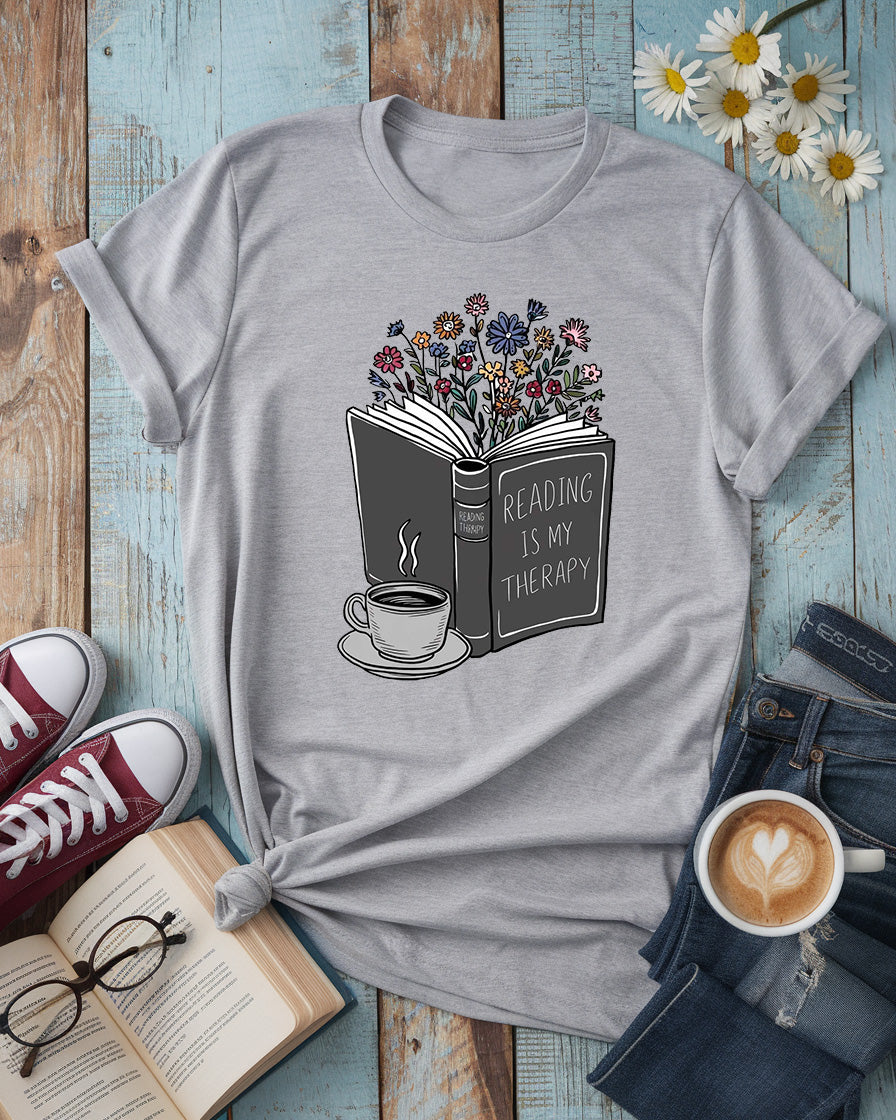 Reading Is My Therapy Shirt, Floral Book Lover Tee