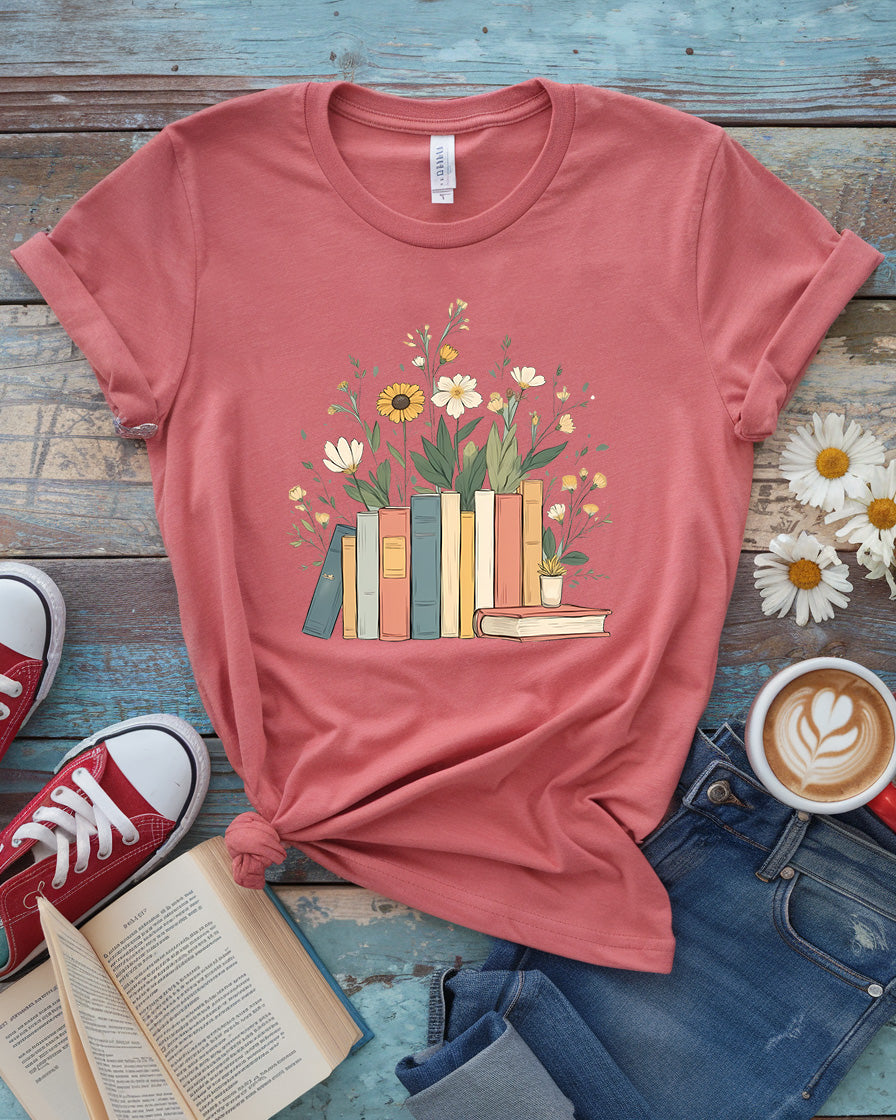 Floral Book Stack Shirt, Vintage Cozy Book Lover Tee