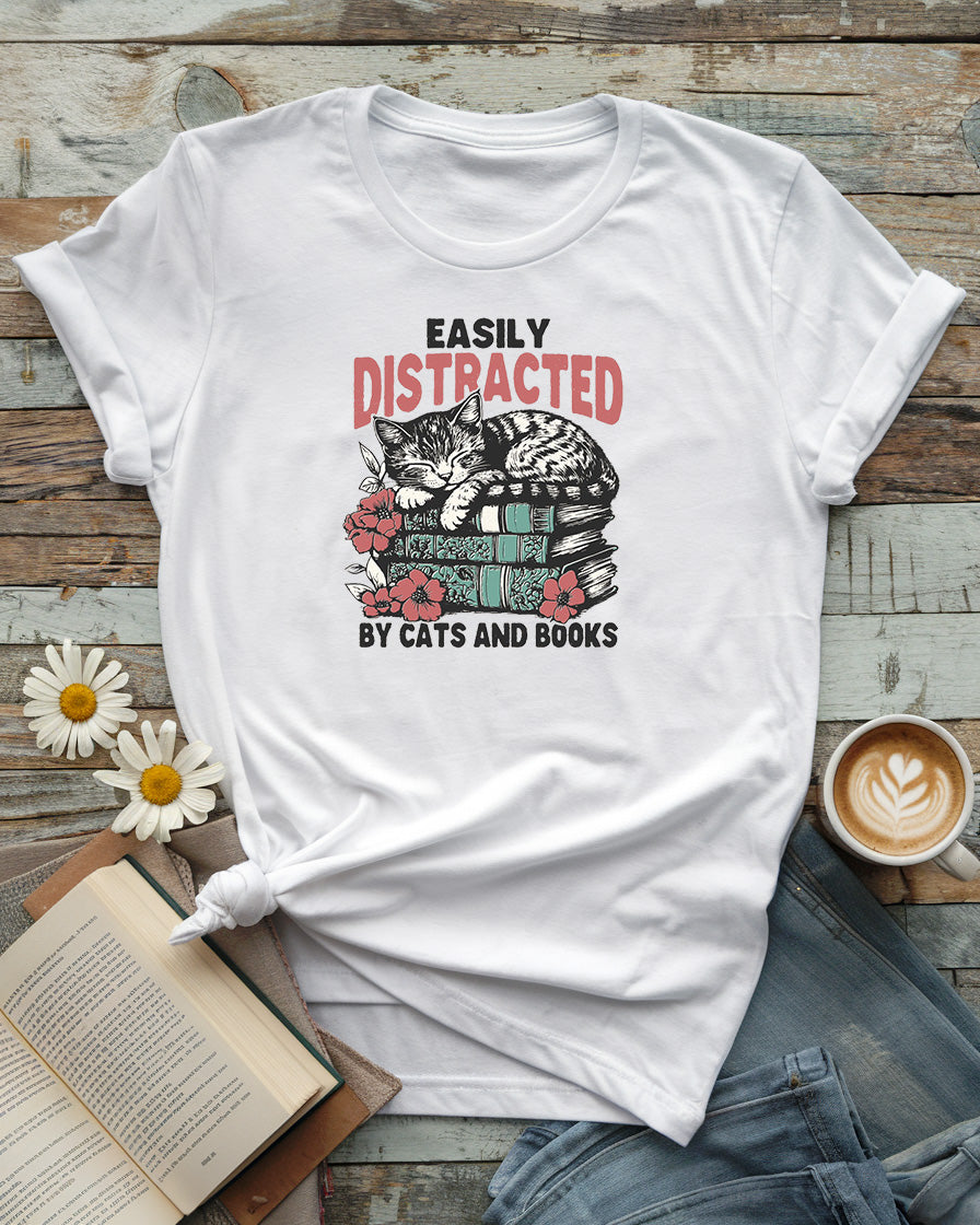 Easily Distracted by Cats and Books Tee