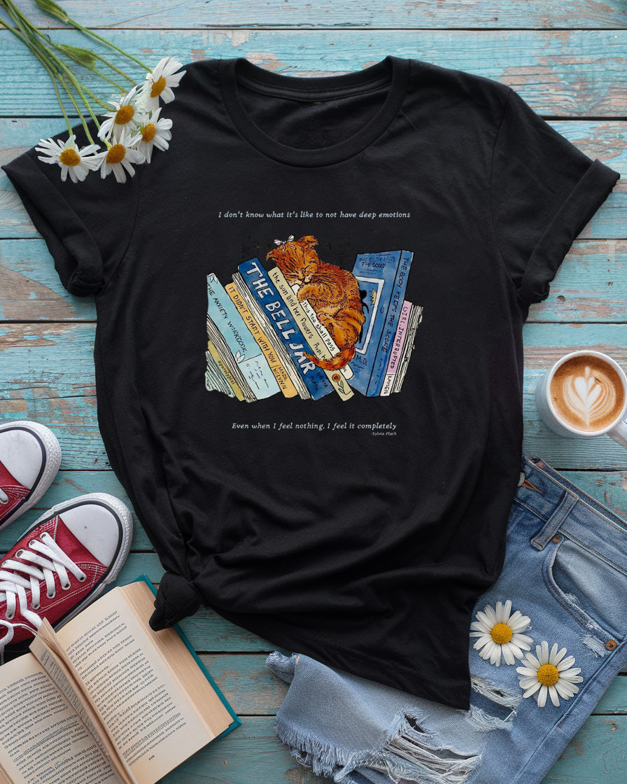 Deep Feelings Cat & Book Stack Tee