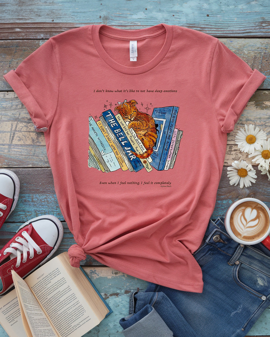 Deep Feelings Cat & Book Stack Tee