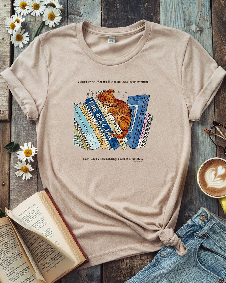 Deep Feelings Cat & Book Stack Tee