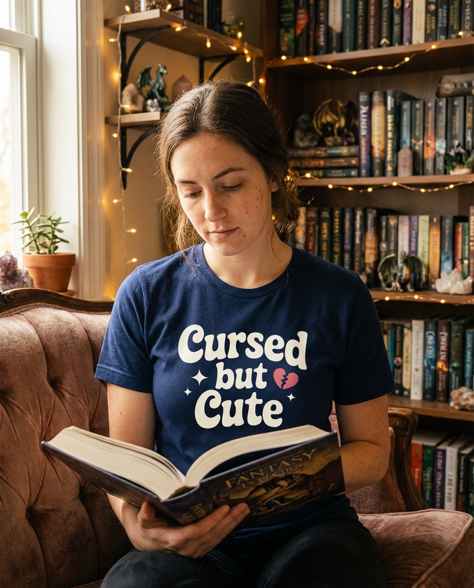 Person wearing romantasy reader tee browsing a bookstore - Cursed But Cute design