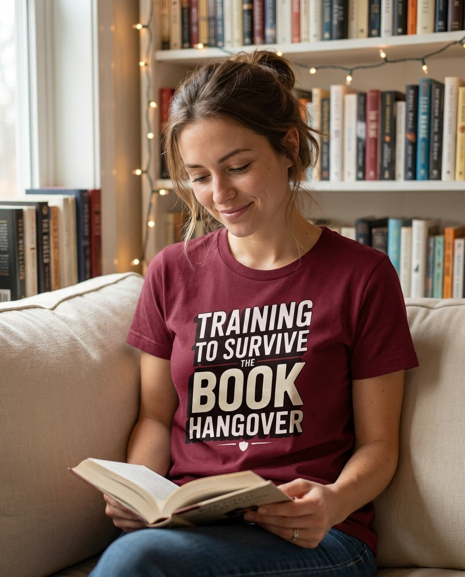 Person wearing romantasy reader tee at a bookstore browsing the fantasy shelves