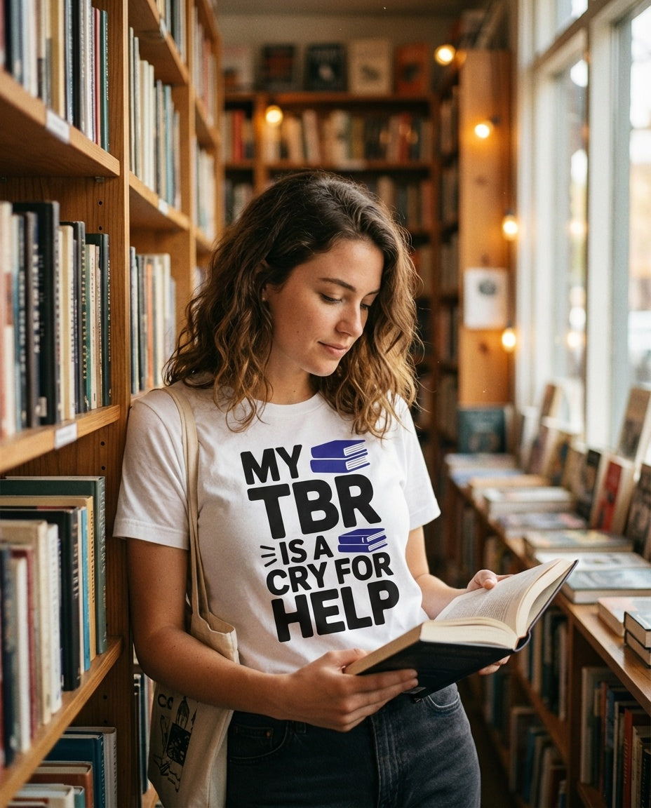 BookTok book lover shirt worn during a cozy library haul session