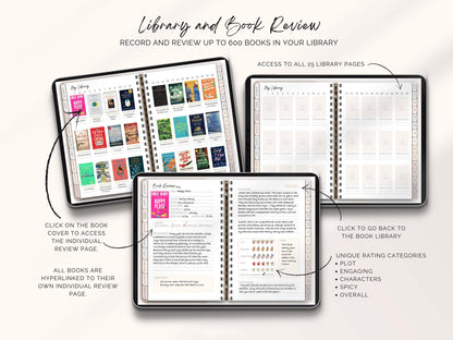 Reading Journal Digital Planner for iPad & Android, Gift for Book Lover, Reading Log Record