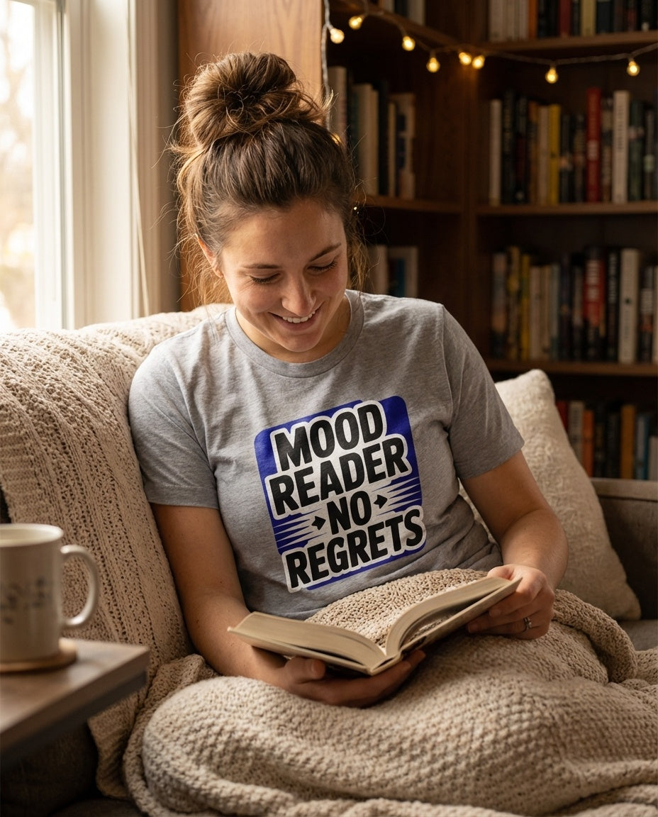 Person wearing BookTok reader tee at a bookstore browsing shelves