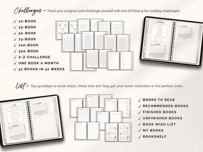 Reading Journal Digital Planner for iPad & Android, Gift for Book Lover, Reading Log Record