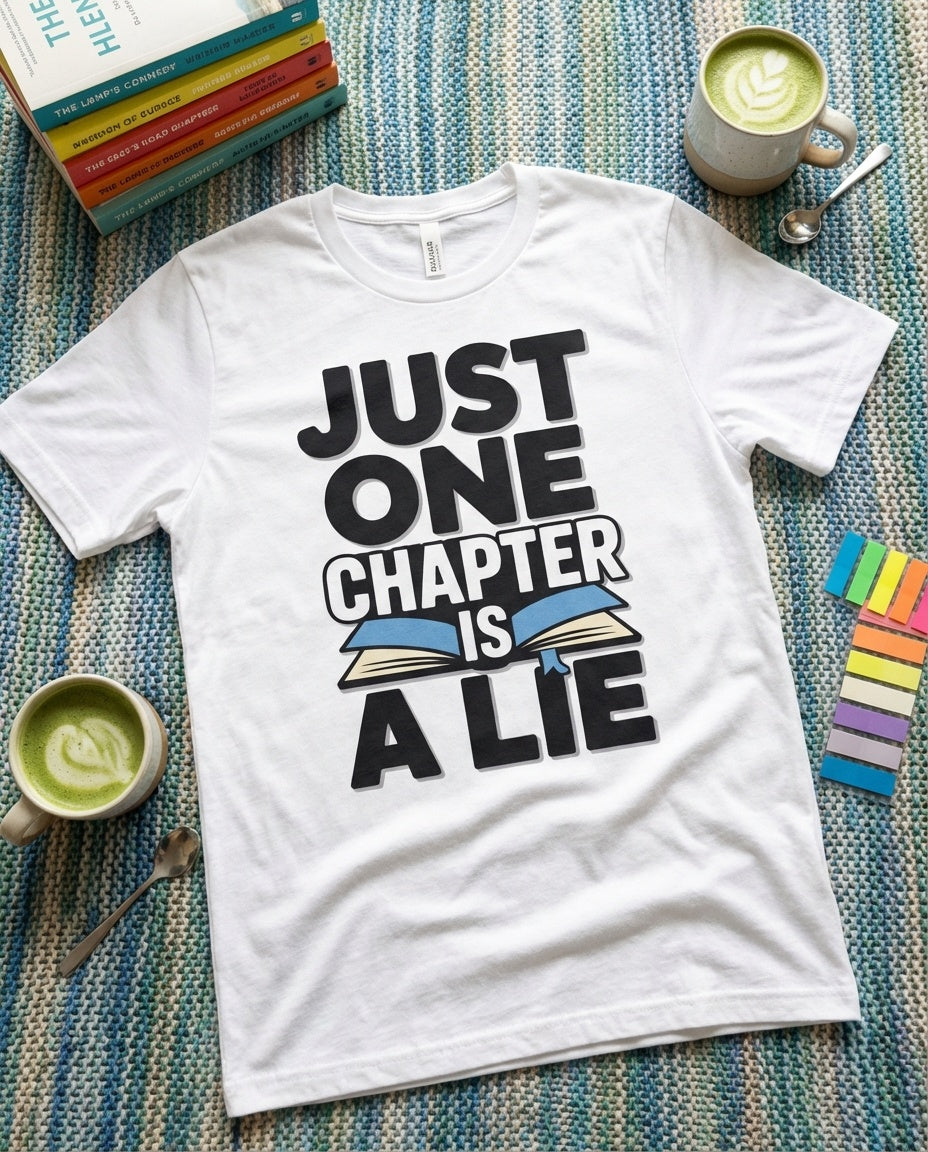 "Just One Chapter Is A Lie" t-shirt in Navy - BookTok book lover tee
