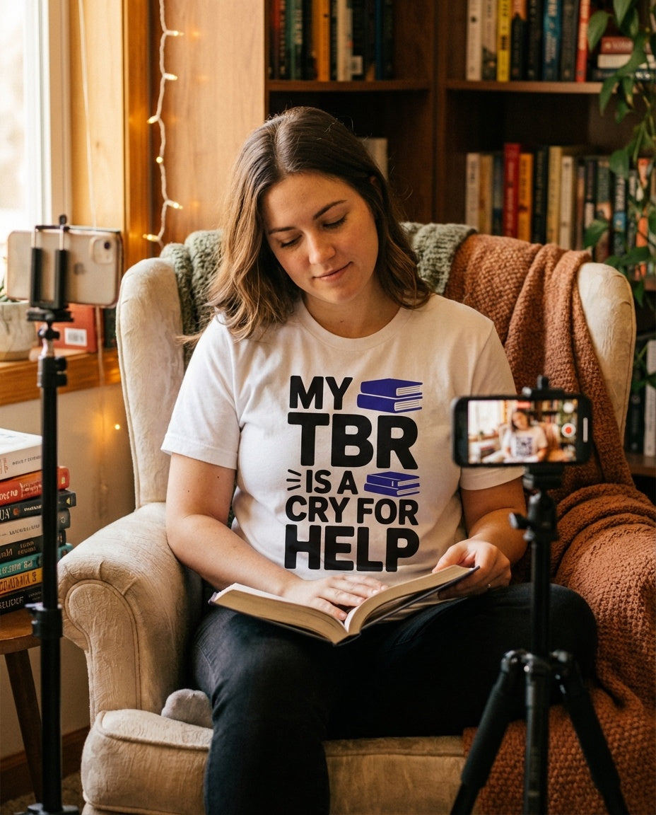 Person wearing BookTok reader tee at a bookstore browsing new releases