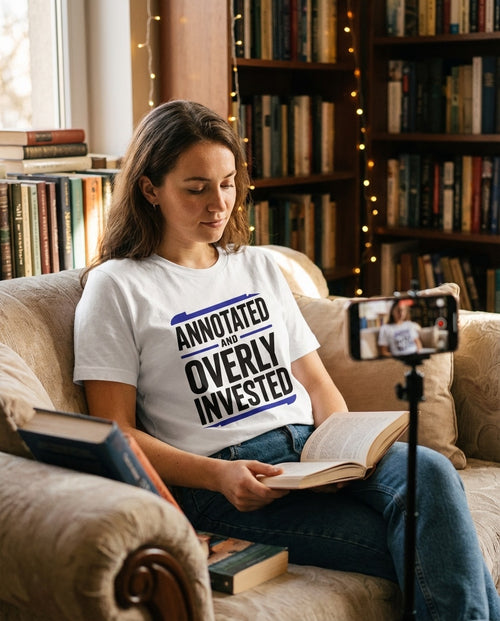 Person wearing BookTok reader tee while annotating a book at a coffee shop