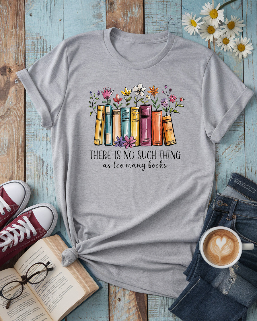 Too Many Books T-Shirt | Floral Bookshelf Design