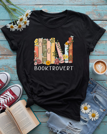 Booktrovert Tee, Floral Bookshelf Design