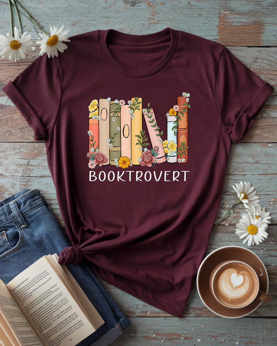 Booktrovert Tee, Floral Bookshelf Design