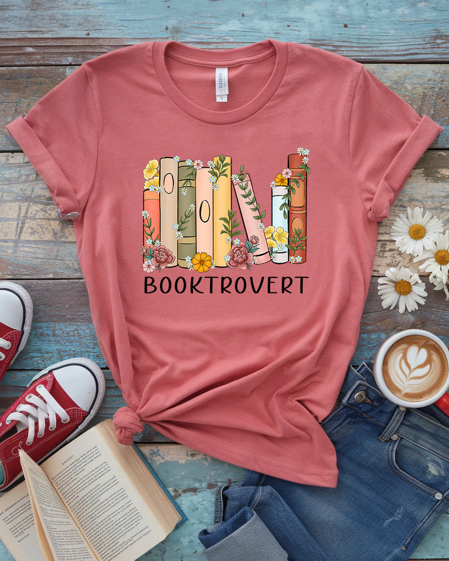 Booktrovert Tee, Floral Bookshelf Design