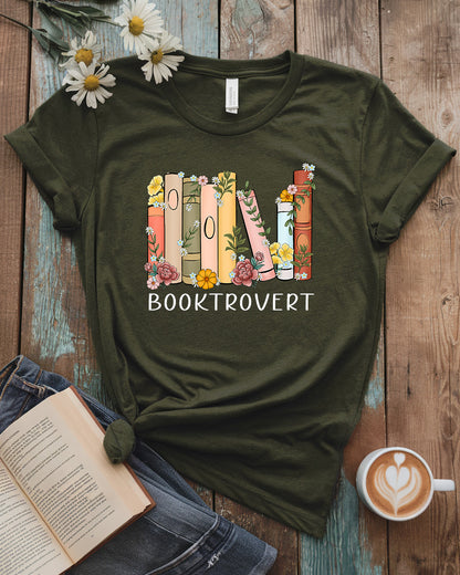 Booktrovert Tee, Floral Bookshelf Design