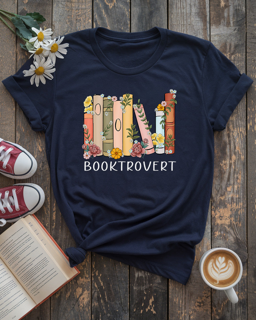 Booktrovert Tee, Floral Bookshelf Design