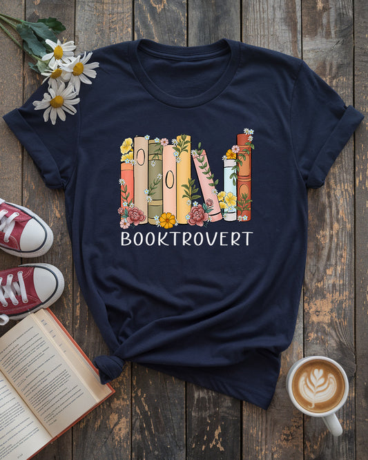Booktrovert Tee, Floral Bookshelf Design