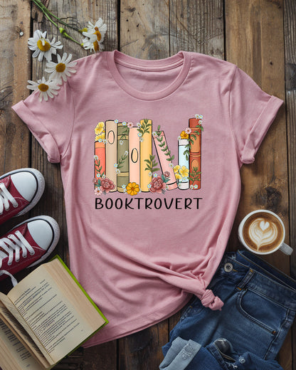 Booktrovert Tee, Floral Bookshelf Design
