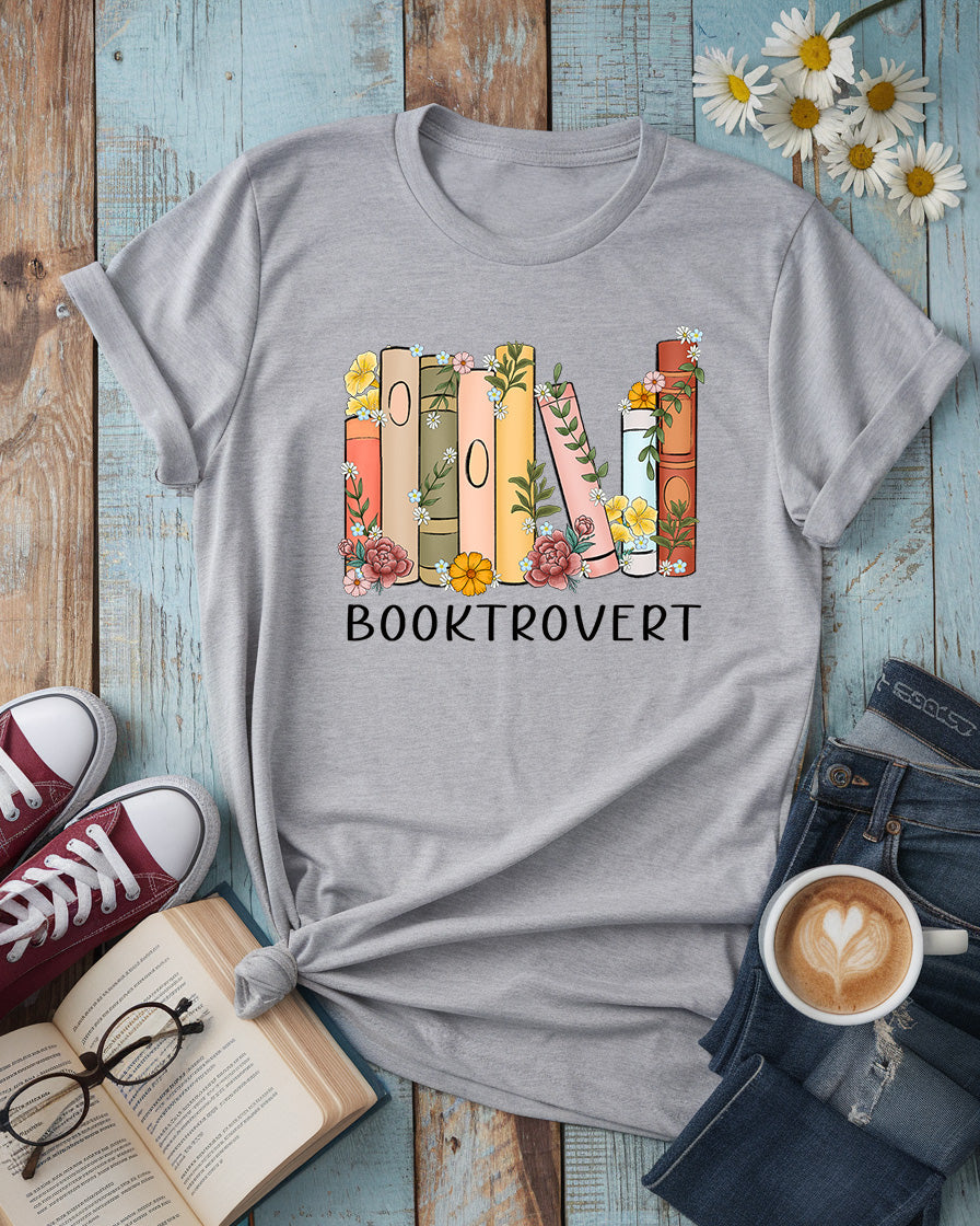 Booktrovert Tee, Floral Bookshelf Design