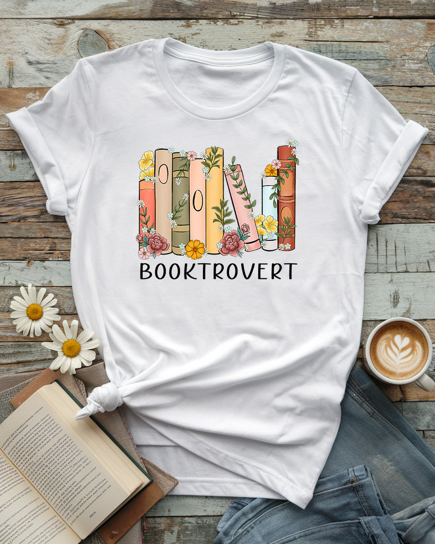 Booktrovert Tee, Floral Bookshelf Design
