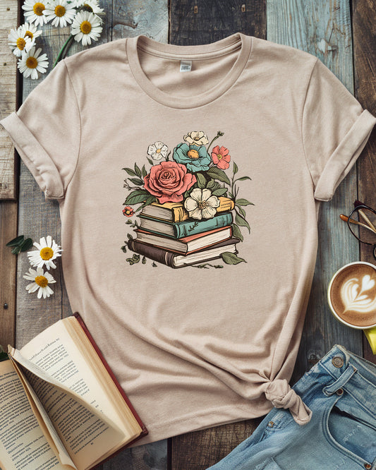 Blooming Books Tee, Floral Book Stack