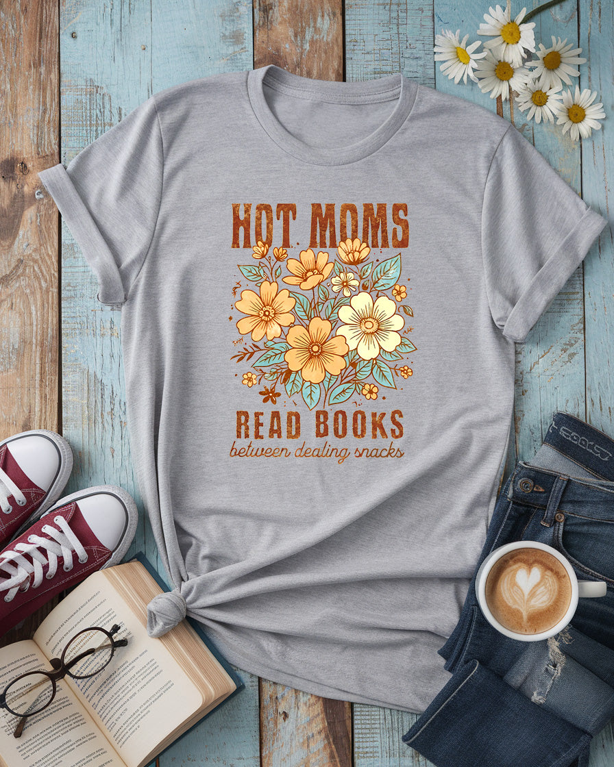 Hot Moms Read Books Tee, Floral Retro Book Lover