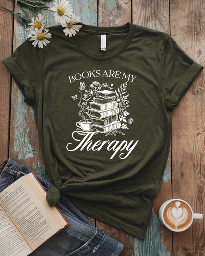Books Are My Therapy Tee, Floral Book Stack Cozy Reading