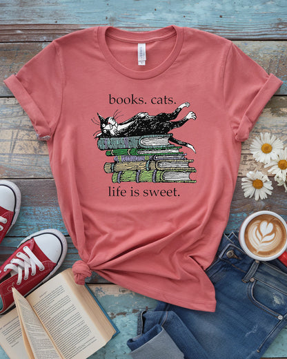 Books Cats Life Is Sweet Tee