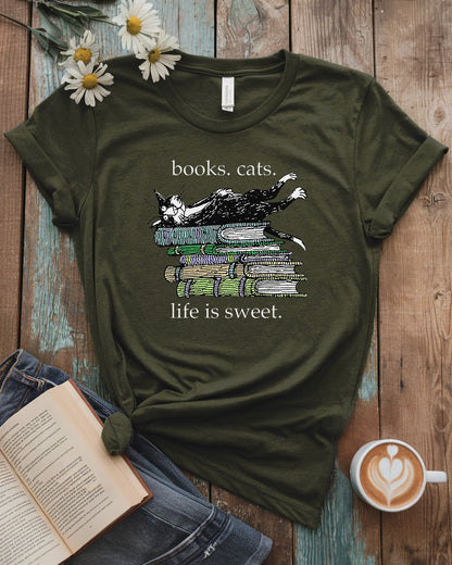 Books Cats Life Is Sweet Tee