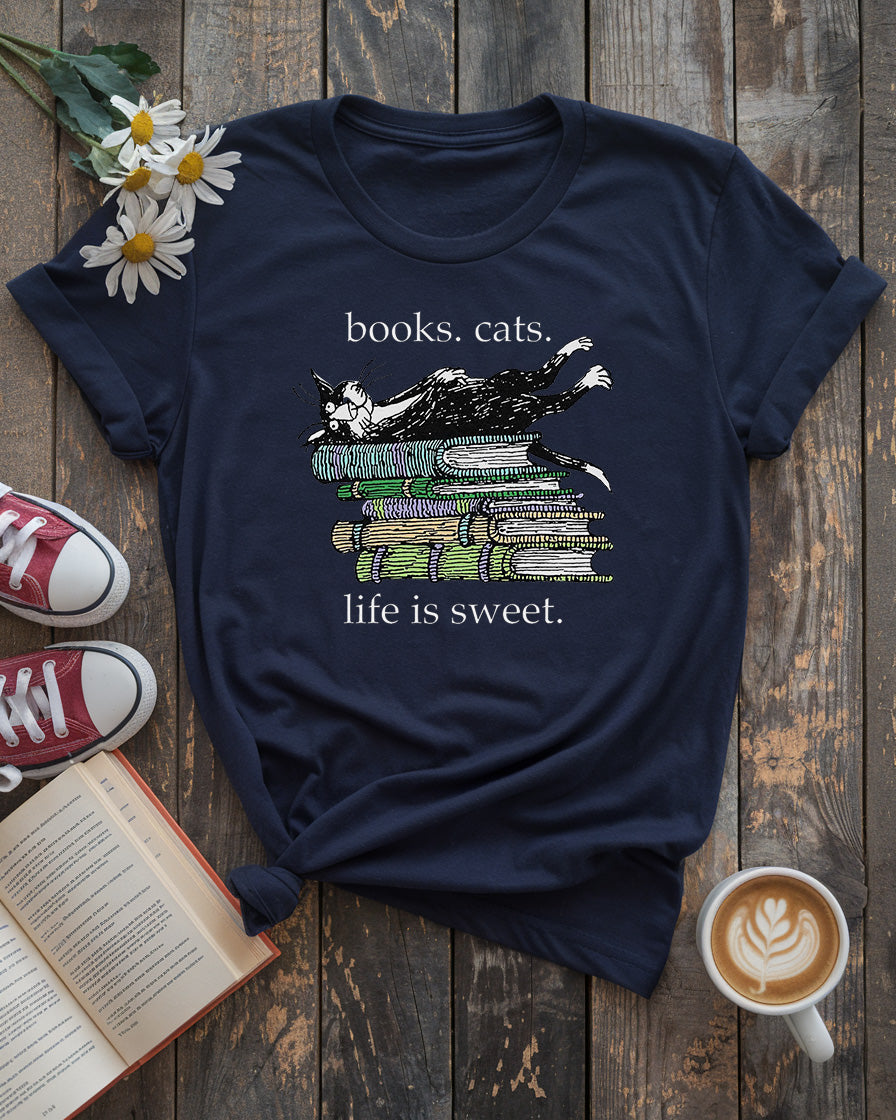Books Cats Life Is Sweet Tee