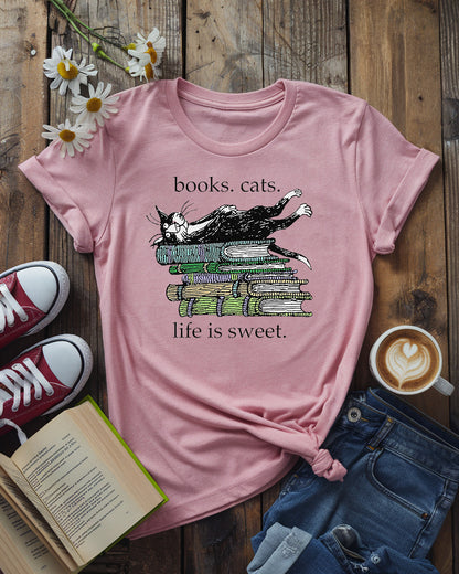 Books Cats Life Is Sweet Tee